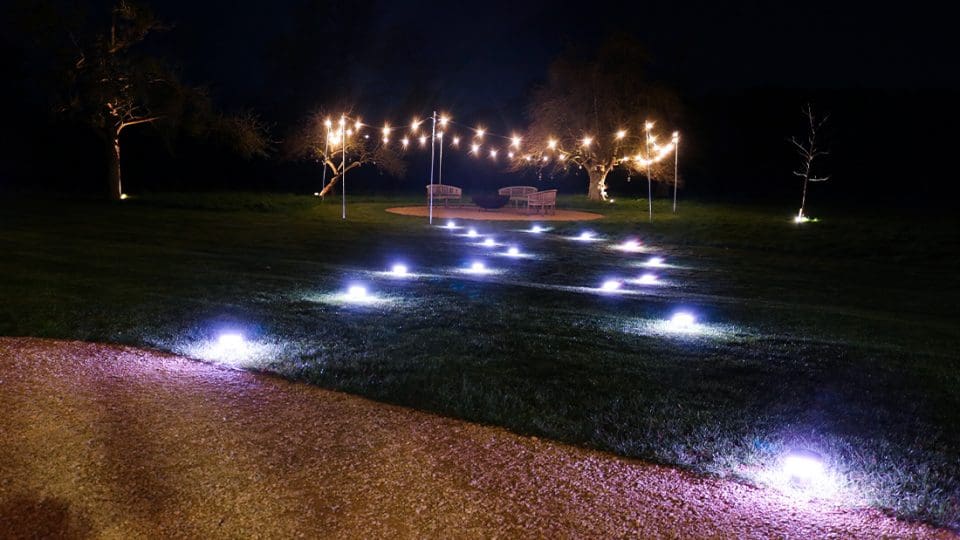 Wedding Lighting - Battery Powered Table Lights creating pathway + Battery Festoon Lights