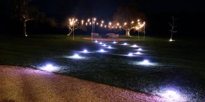 Wedding Lighting - Battery Powered Table Lights creating pathway + Battery Festoon Lights
